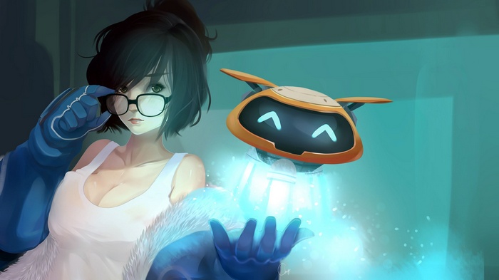 Mei from Overwatch with a robot and glasses