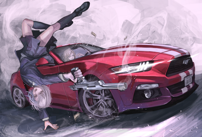 Anime girl with gun in Ford Mustang