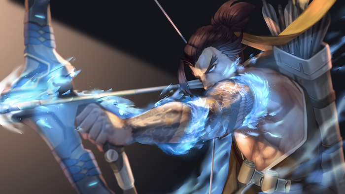 Hanzo from Overwatch drawing a bow with blue flames