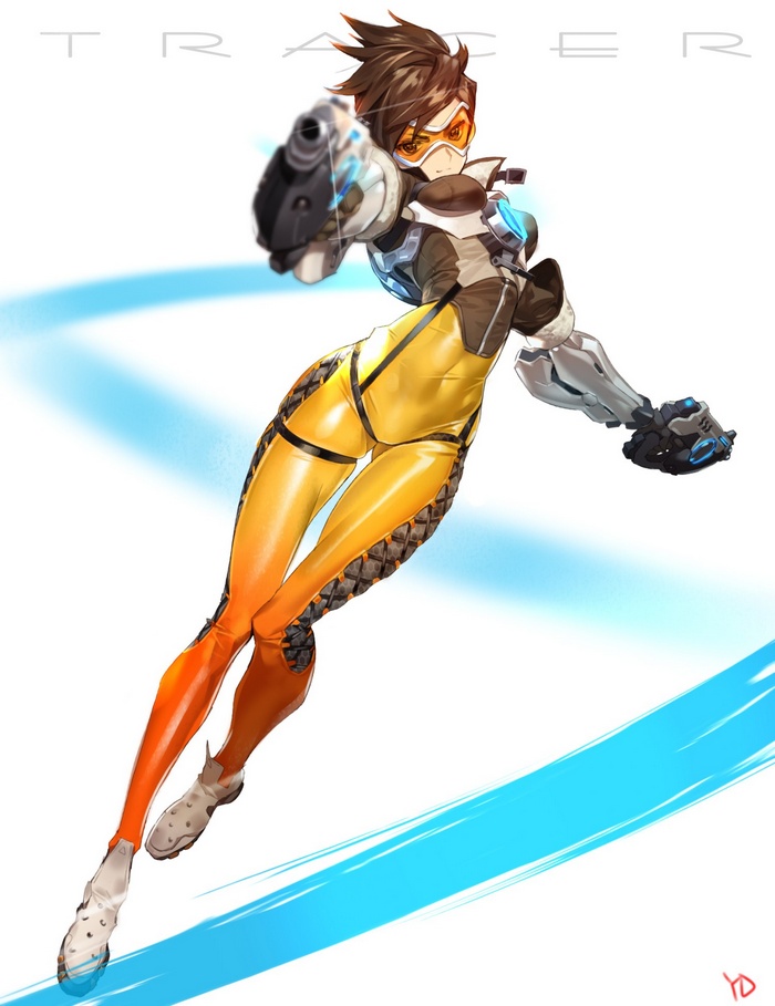 Tracer from Overwatch in a yellow bodysuit