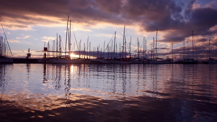 Sailboats docked in a harbor at sunset