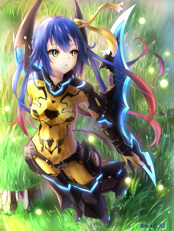 Quna from Phantasy Star Online 2 in a yellow bodysuit