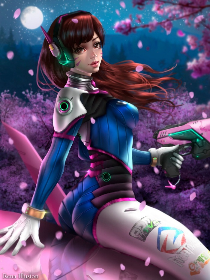 D.Va from Overwatch with a pink gun under cherry blossoms