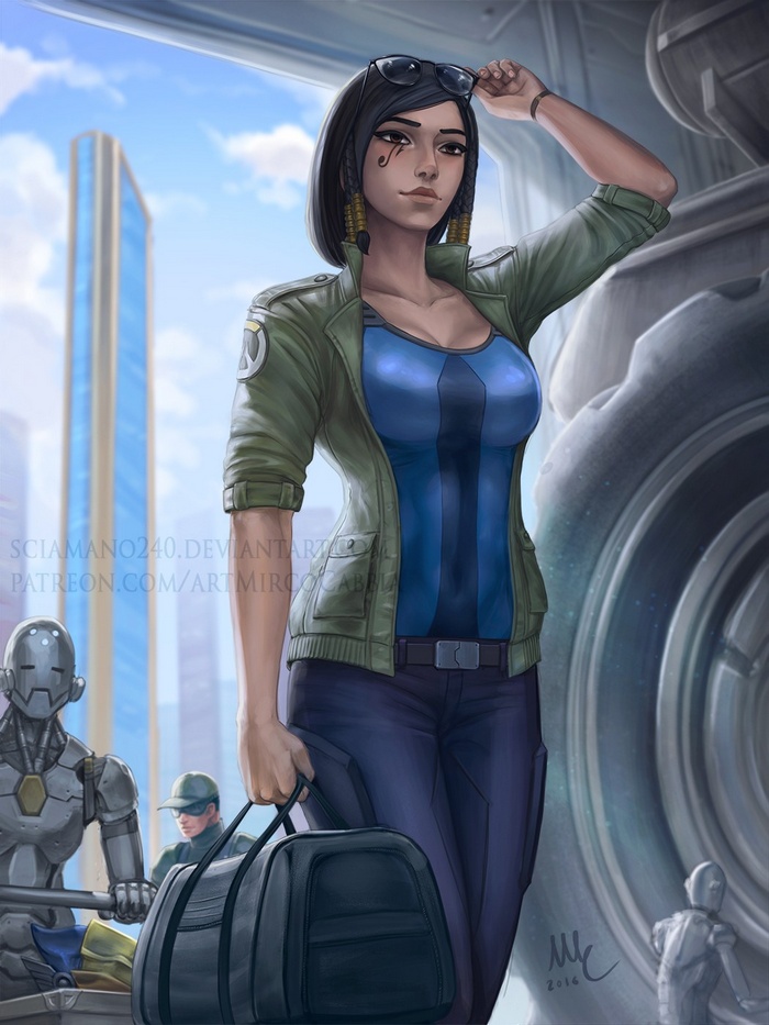 Pharah from Overwatch holding a duffel bag
