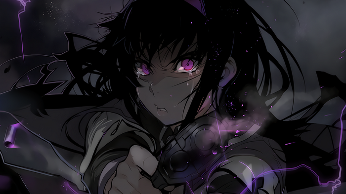 Akemi Homura with purple eyes and gun