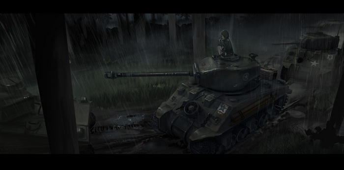 Anime girl on M4 Sherman tank in the rain