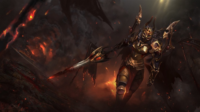 Legion Commander from Dota 2 in a fiery landscape