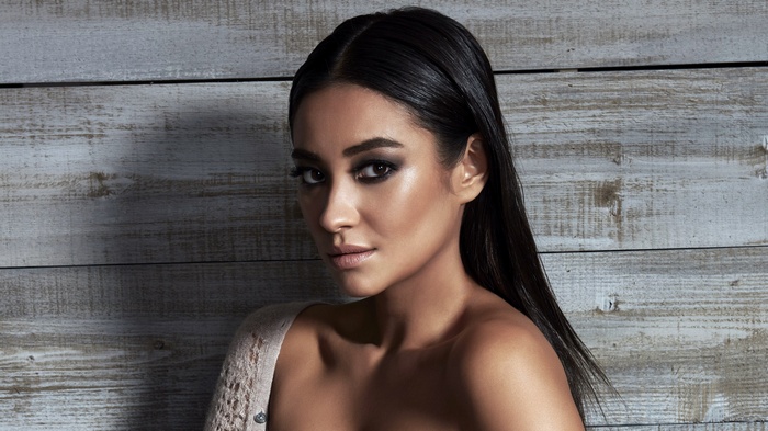 Shay Mitchell posing against a wooden background