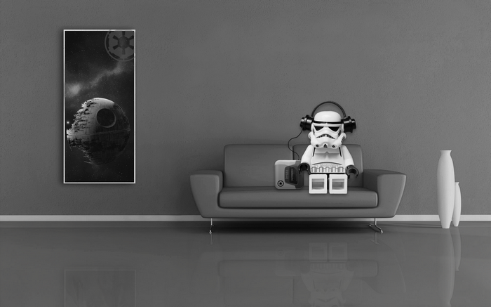 LEGO Stormtrooper listening to music on a couch