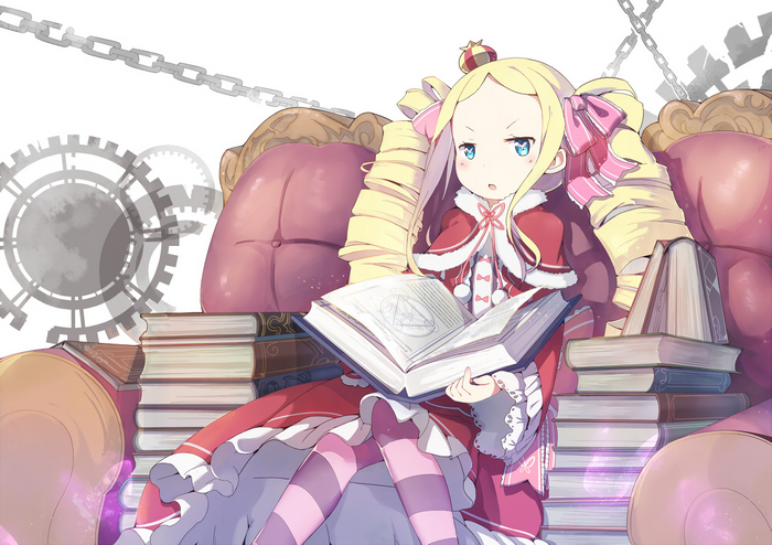 Beatrice reading a book on a throne surrounded by books