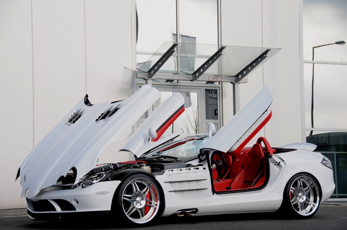 White Mercedes-Benz SLR Roadster with Doors Open
