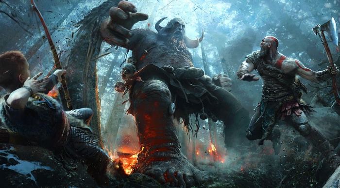 Kratos and Atreus fight a giant in God of War