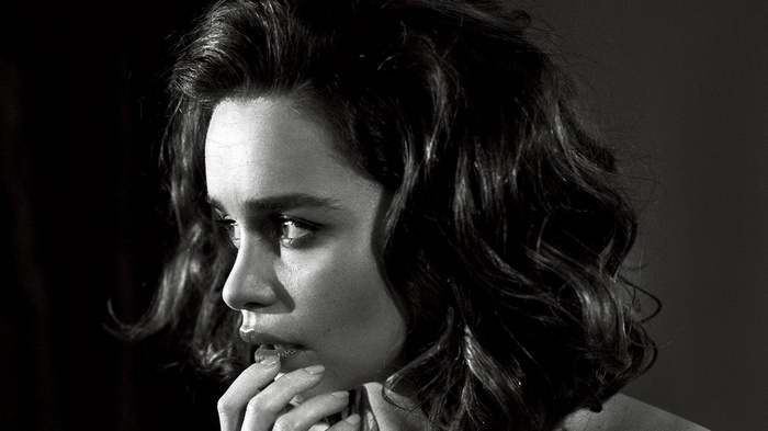 Emilia Clarke in a black and white portrait