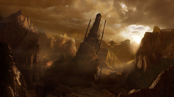 Leaning tower in a rocky, mountainous landscape with sun rays