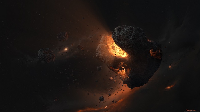 Asteroid with a molten core in space