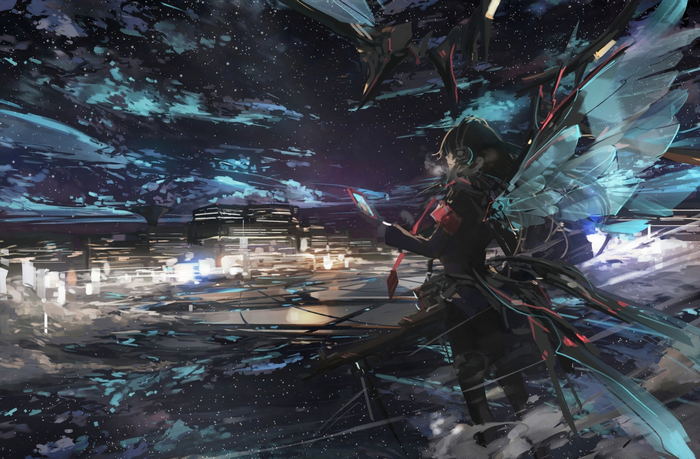 Anime girl with mechanical wings over a city at night
