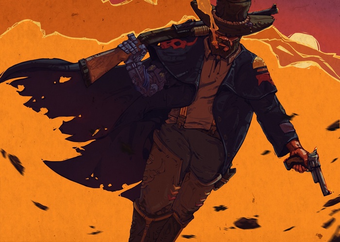 shotgun, revolver, cowboys, science fiction, artwork