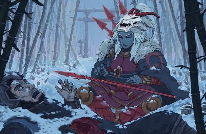 Blue-skinned warrior with a mask in a snowy bamboo forest