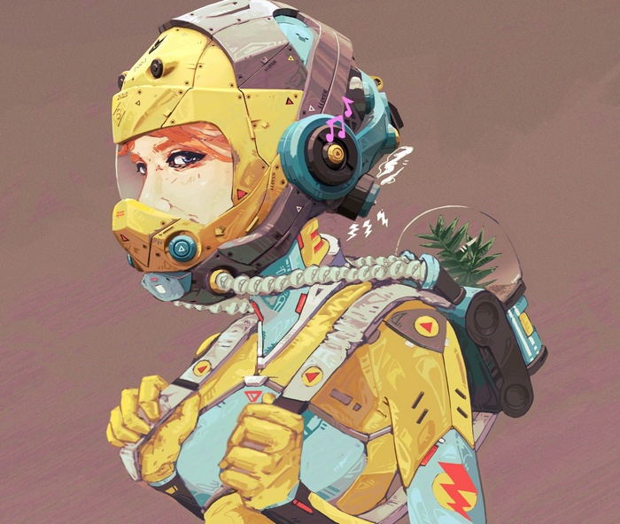 Artwork of a woman in a futuristic yellow and blue suit