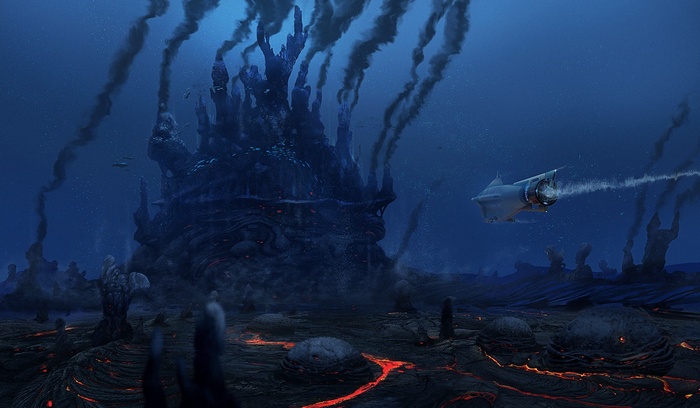 Underwater volcanic landscape with a futuristic vehicle