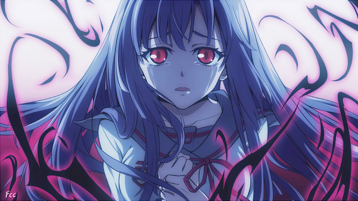 Anime girl with red eyes and long purple hair crying