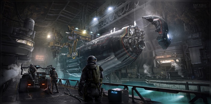 Science fiction hangar with a large spaceship named Neptune
