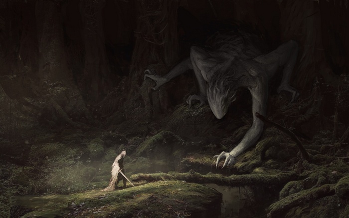 Fantasy art of a creature and a warrior in a forest