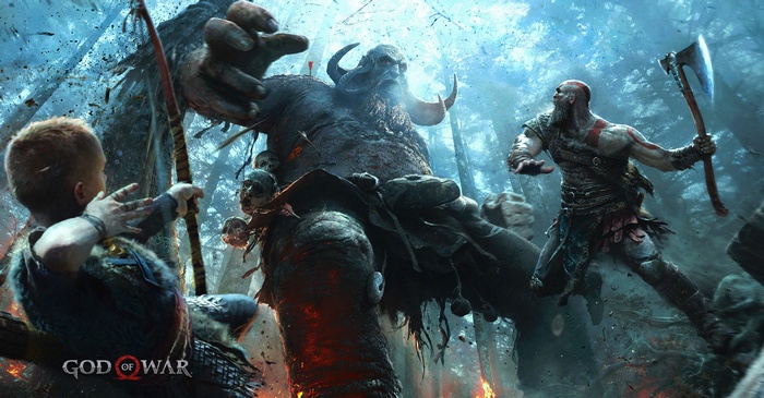 Kratos and Atreus fight a giant creature in God of War