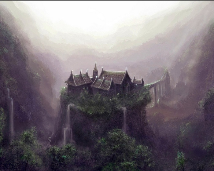 Fantasy castle on a cliff with waterfalls and mist
