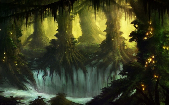 Fantasy forest with glowing lights and waterfall