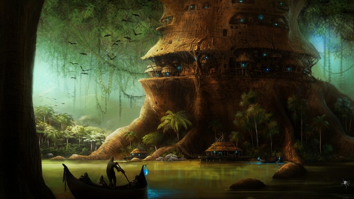 Fantasy treehouse village on a river