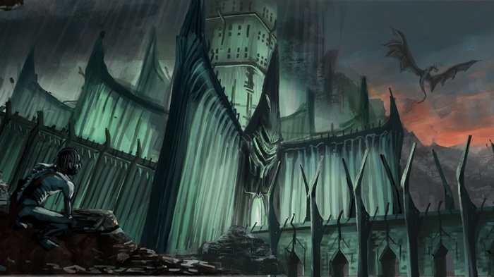 Minas Morgul with a dragon and a figure