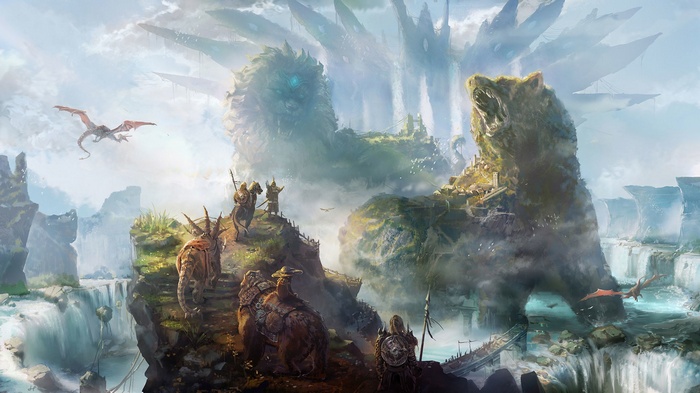 Fantasy landscape with dragons and travelers