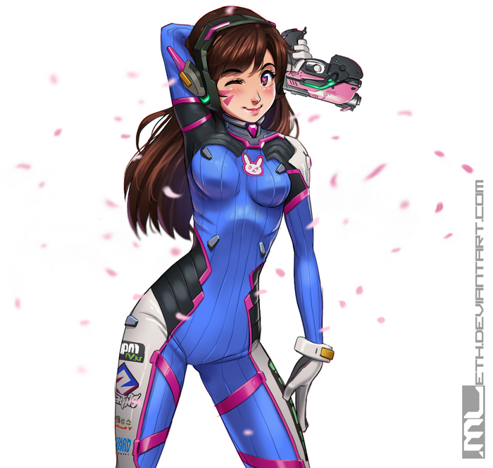 D.Va from Overwatch with pink petals falling