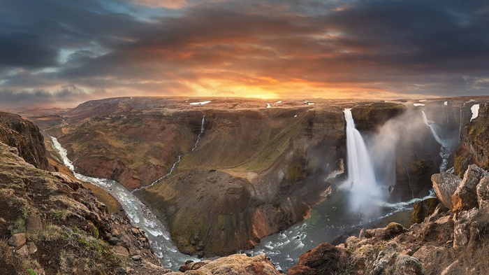 Haifoss Waterfall in Iceland during sunset