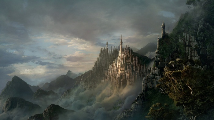 Fantasy castle on a mountain peak with clouds