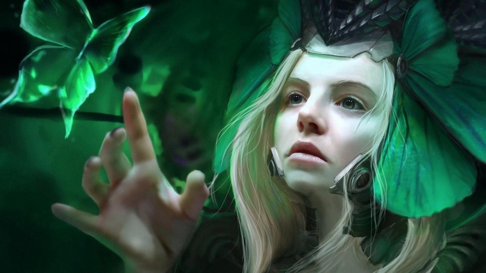 Woman with green butterfly wings and a glowing butterfly