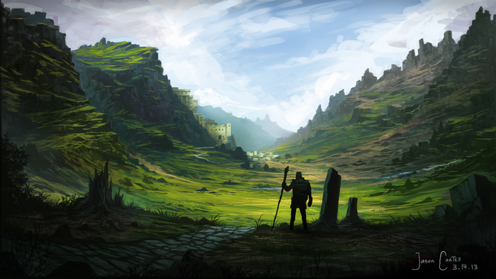 Fantasy landscape with a warrior and ancient ruins