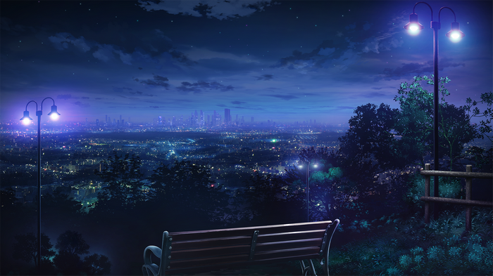 Anime night cityscape with bench and lanterns