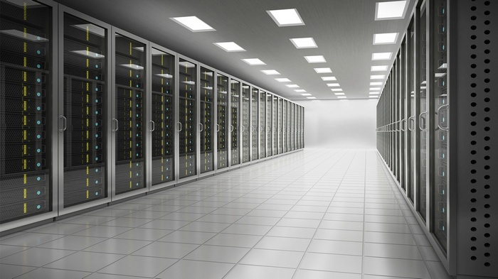Server racks in a modern data center hallway