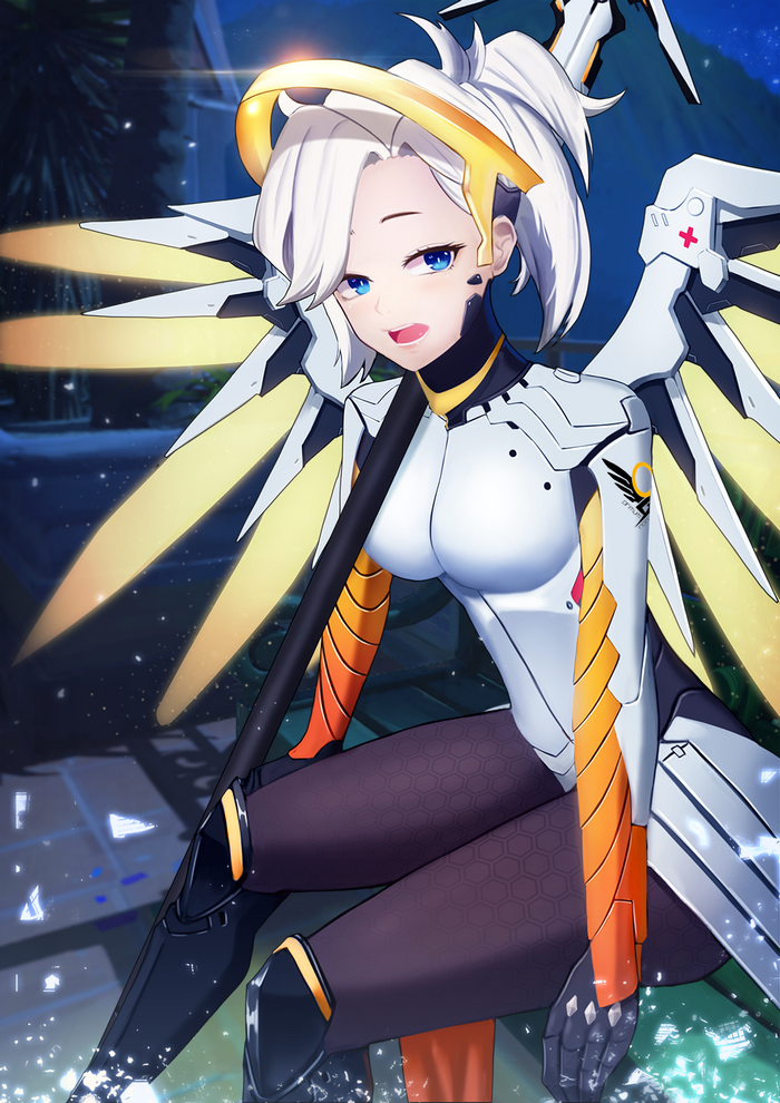 Mercy from Overwatch with white hair and blue eyes