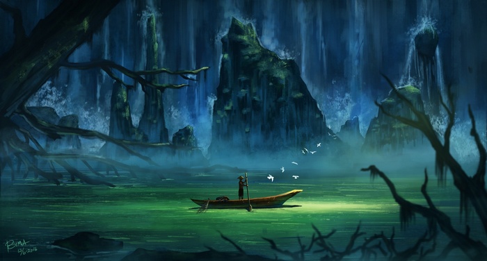 A person in a boat on a misty river with waterfalls