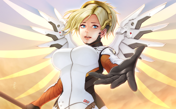 Mercy from Overwatch with large white wings
