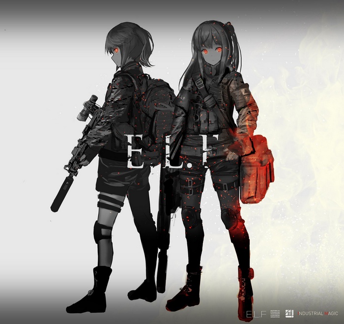 Two anime girls with guns and red eyes