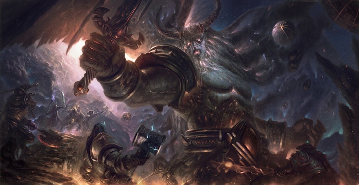 Sargeras in battle with warriors in a cosmic landscape