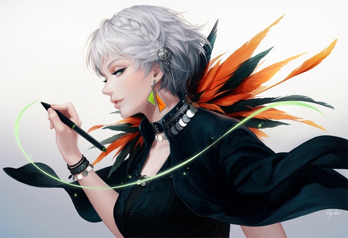 Anime girl with gray hair and feathers drawing