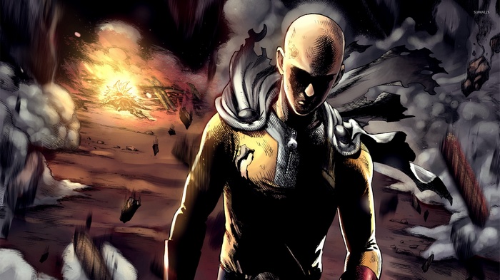 Saitama from One-Punch Man in a destroyed landscape