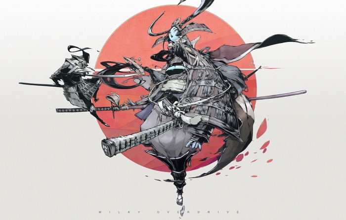 Samurai warrior with swords and red sun background