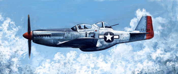 North American P-51 Mustang flying through clouds
