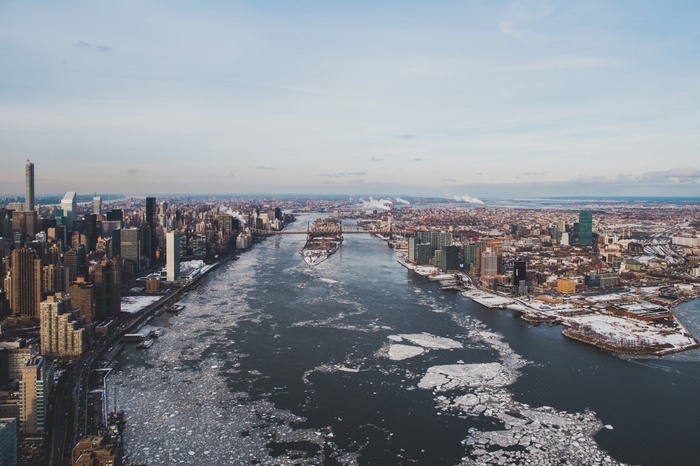 New York City skyline with a frozen river